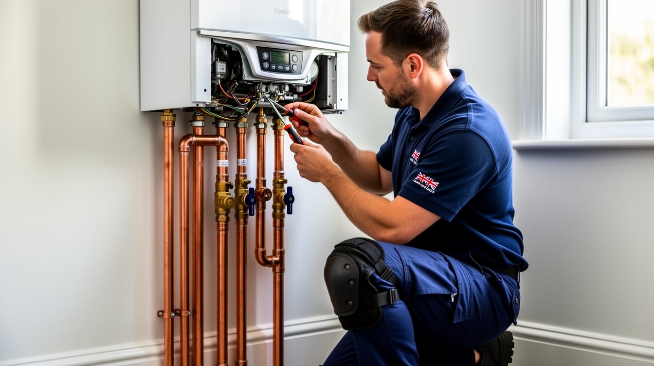 Heating engineer servicing a boiler